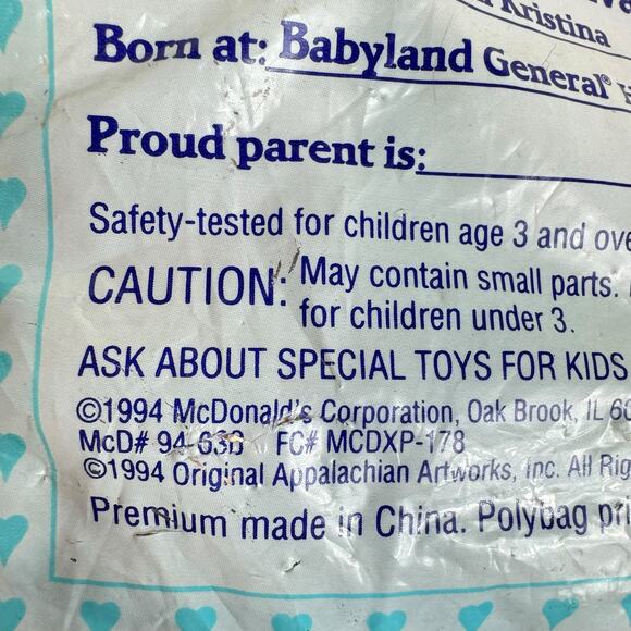 New In Package Vintage McDonald's 1994 #1 Cabbage Patch Kids Mimi Kristina - Picture 3 of 3